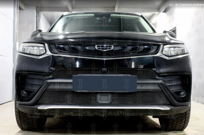 Защита радиатора "Standart" Geely Tugella FY11 (2019-н.в.) верх с камерой, чёрная купить недорого с доставкой в Санкт-Петербург