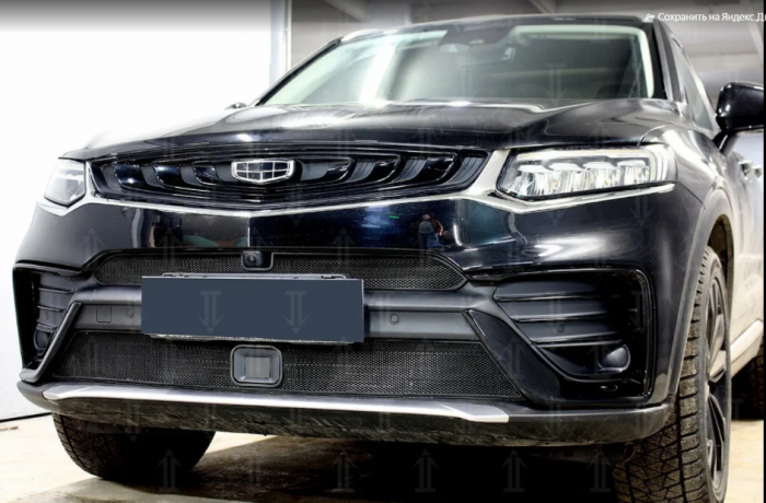 Защита радиатора "Standart" Geely Tugella FY11 (2019-н.в.) верх с камерой, чёрная купить недорого с доставкой в Санкт-Петербург